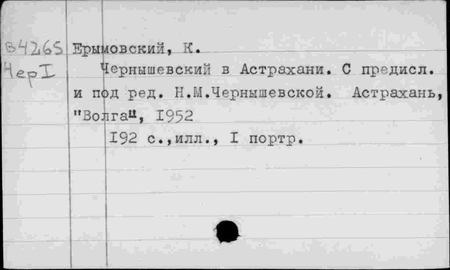 ﻿Ерымовский, К.
НерХ Чернышевский в Астрахани, и под ред. Н.М.Чернышевской. «Волга“, 1952
192 с.,илл., I портр.
С предисл
Астрахан